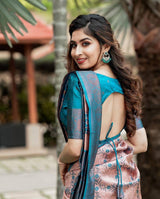 Blush Pink Soft Silk Saree with Teal Blue Contrast Border