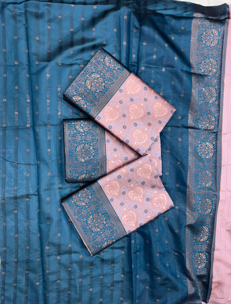 Blush Pink Soft Silk Saree with Teal Blue Contrast Border