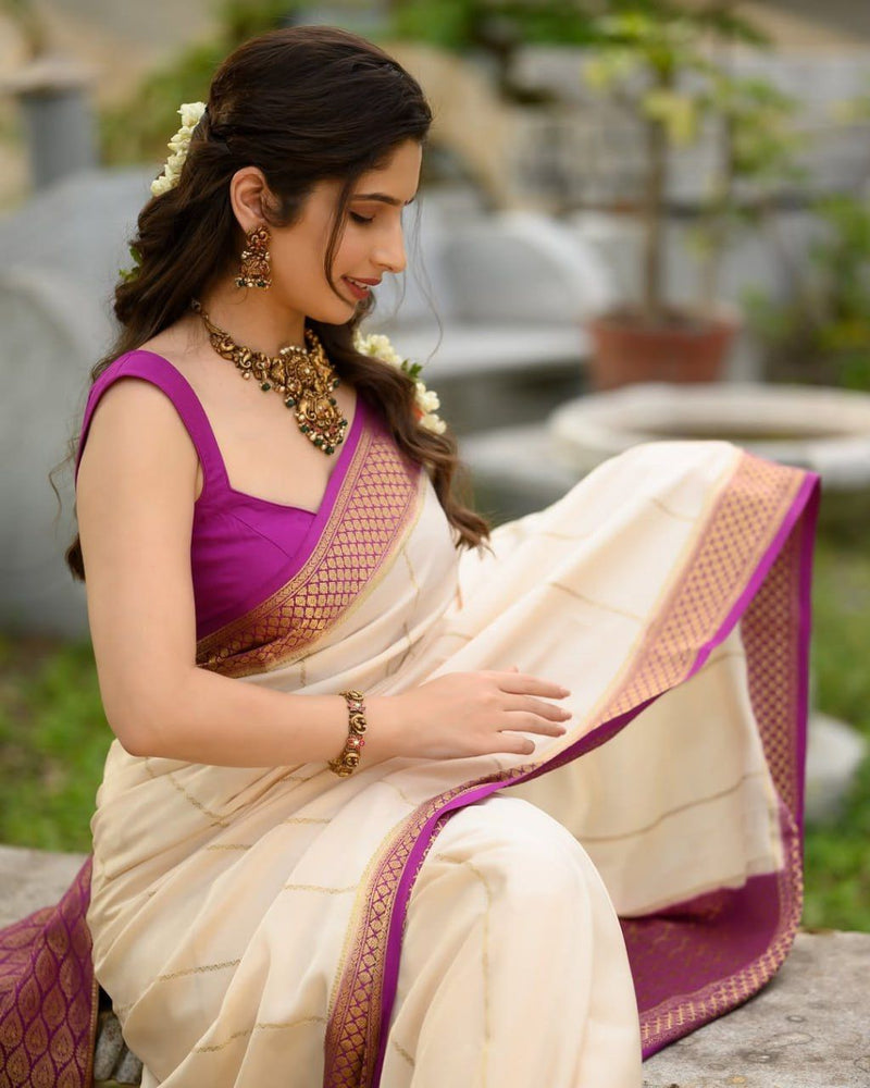 Ivory Cream Saree with Rich Purple Zari Border