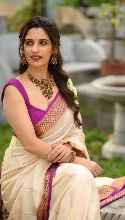 Ivory Cream Saree with Rich Purple Zari Border