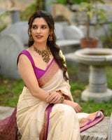 Ivory Cream Saree with Rich Purple Zari Border