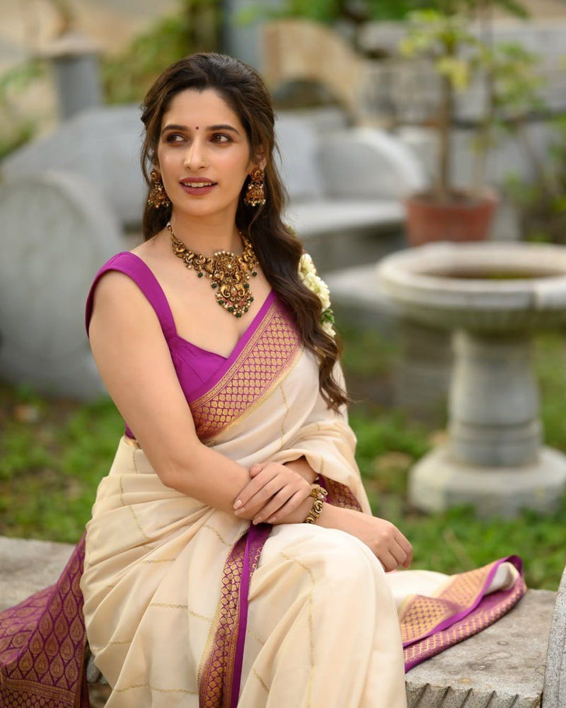 Ivory Cream Saree with Rich Purple Zari Border