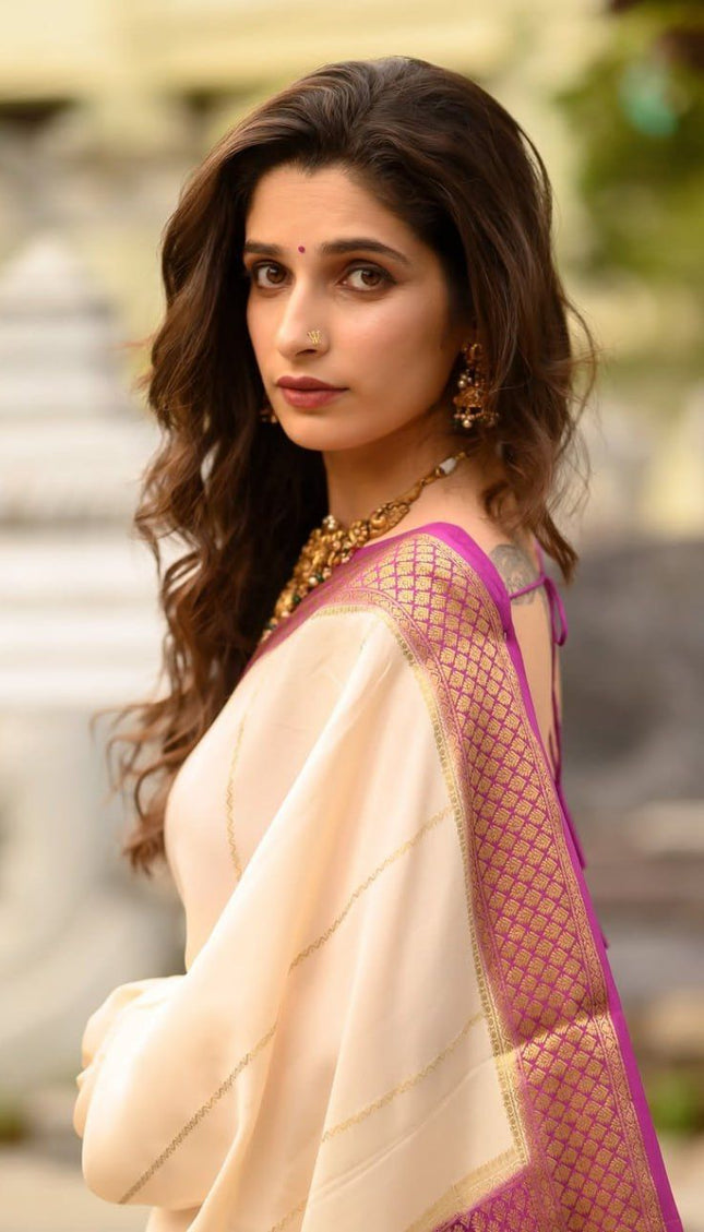 Ivory Cream Saree with Rich Purple Zari Border