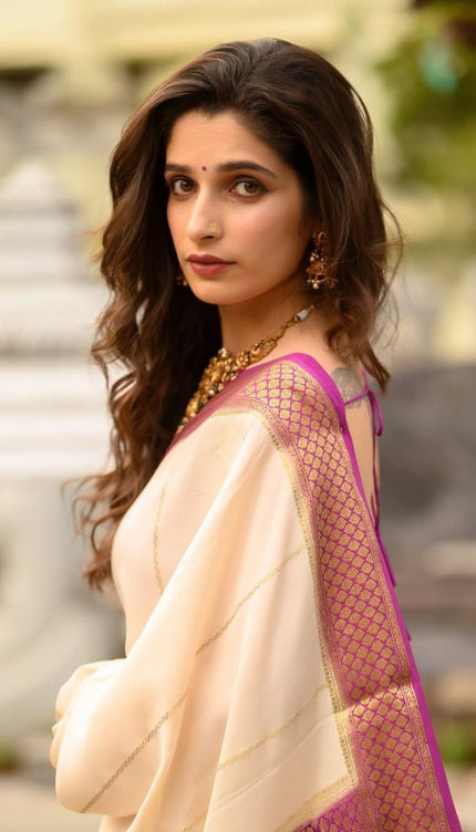 Ivory Cream Saree with Rich Purple Zari Border