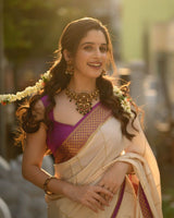 Ivory Cream Saree with Rich Purple Zari Border