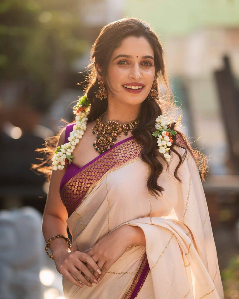 Ivory Cream Saree with Rich Purple Zari Border