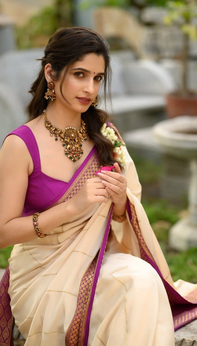 Ivory Cream Saree with Rich Purple Zari Border