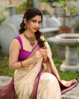 Ivory Cream Saree with Rich Purple Zari Border