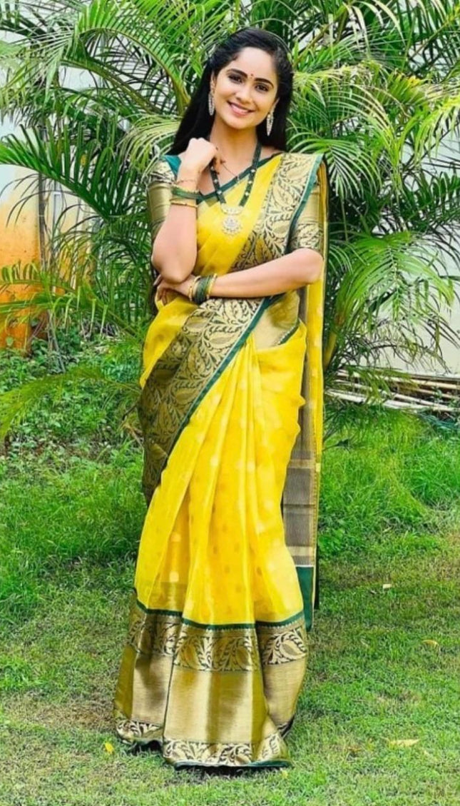 Bright Yellow Saree with Green Zari Border
