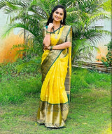 Bright Yellow Saree with Green Zari Border