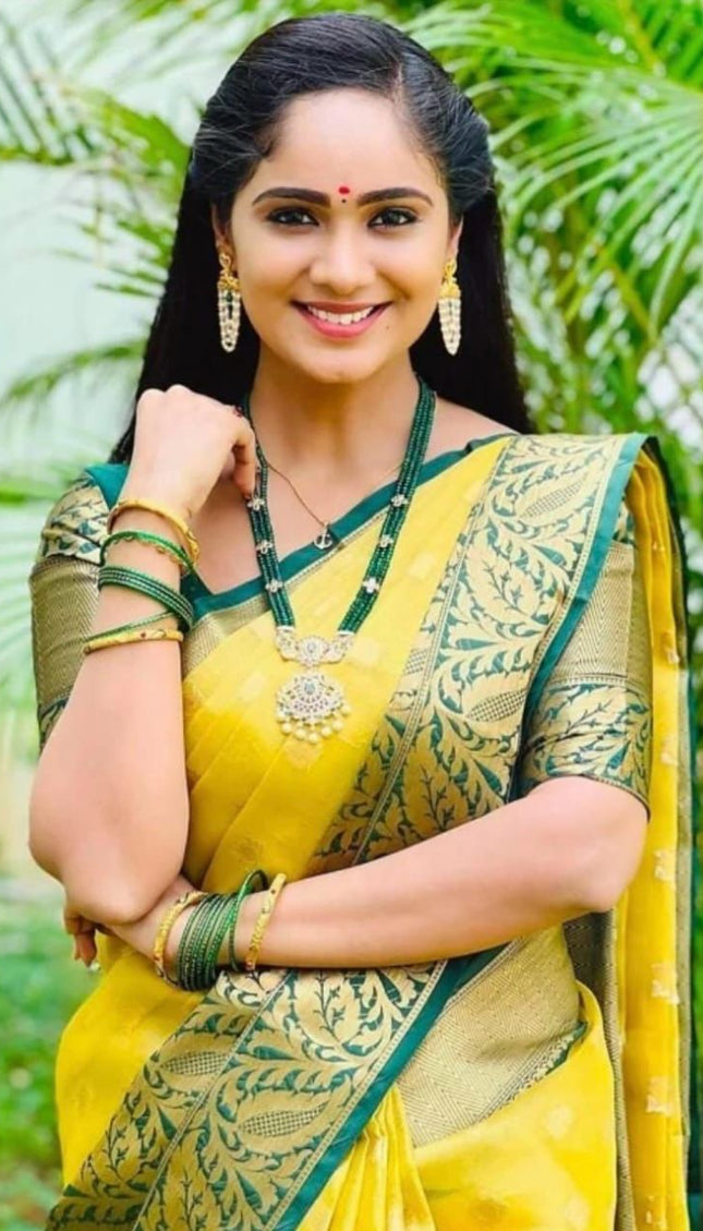 Bright Yellow Saree with Green Zari Border