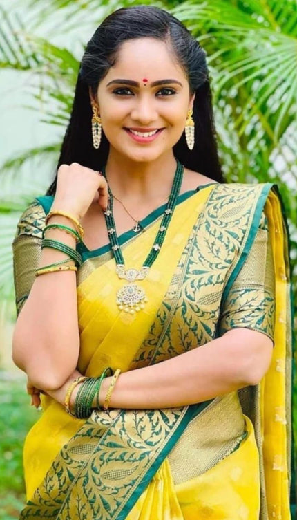 Bright Yellow Saree with Green Zari Border
