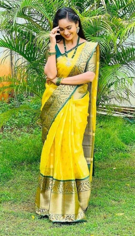 Bright Yellow Saree with Green Zari Border
