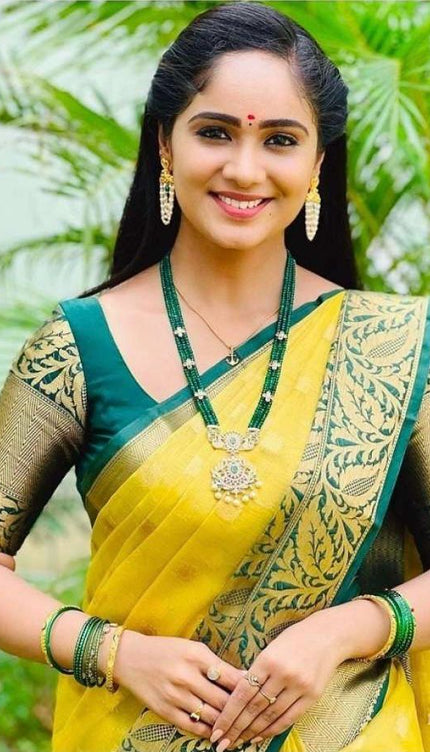 Bright Yellow Saree with Green Zari Border