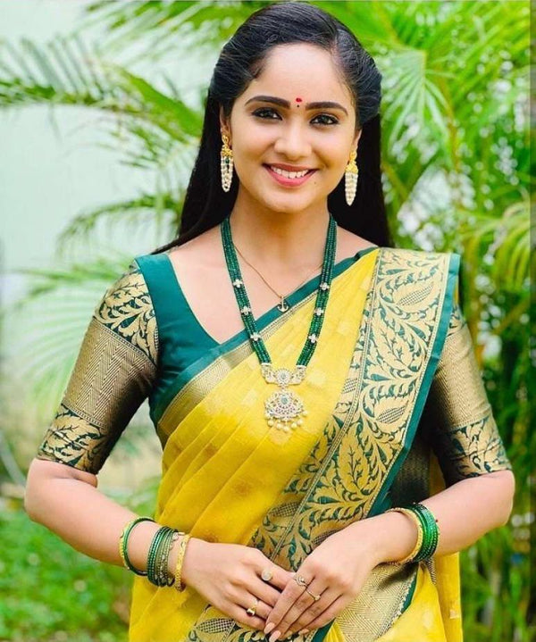 Bright Yellow Saree with Green Zari Border