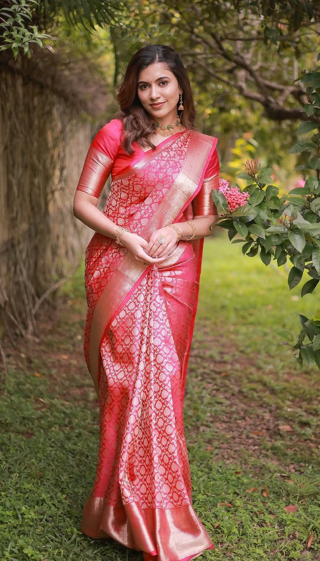 Rosé Pink Banarasi Silk Saree with Gold Zari Weave