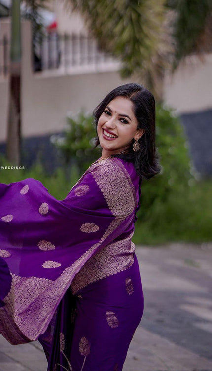 Purple Kanjivaram Silk Saree with Gold Zari Buttas