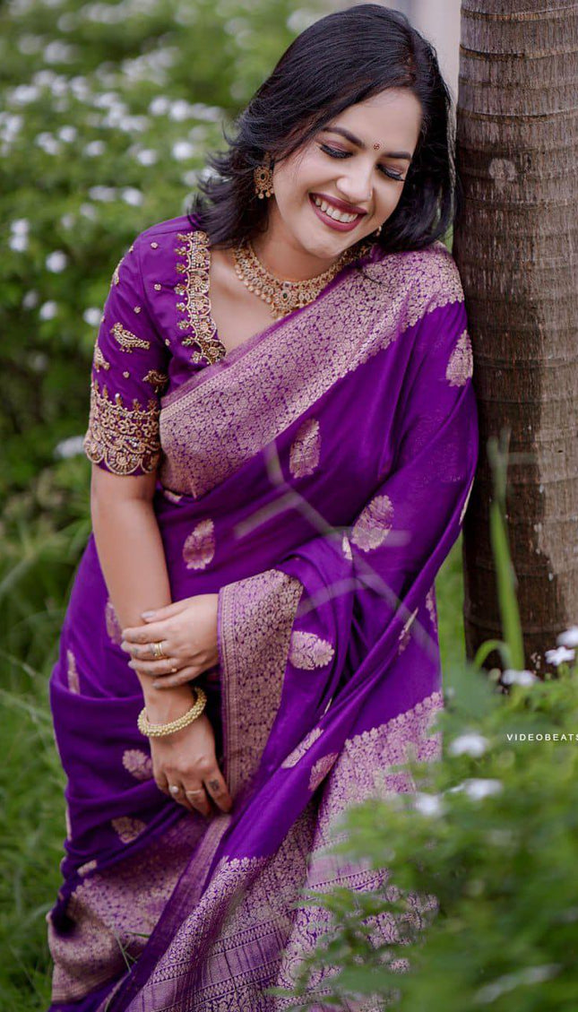 Purple Kanjivaram Silk Saree with Gold Zari Buttas