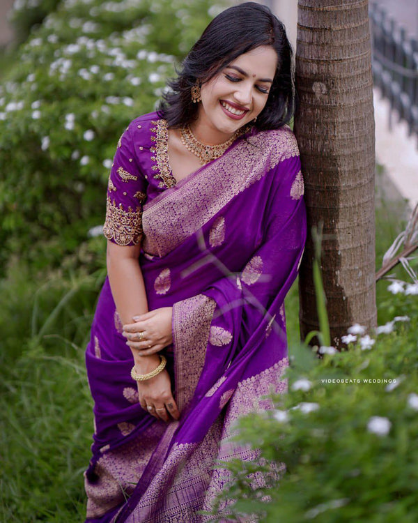 Purple Kanjivaram Silk Saree with Gold Zari Buttas