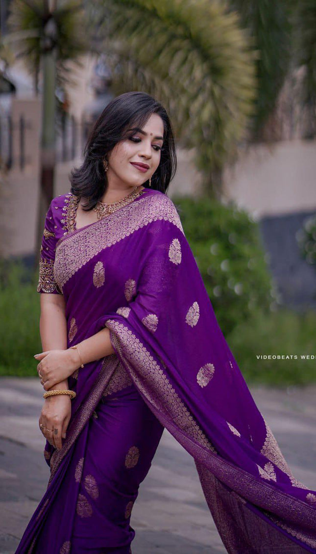 Purple Kanjivaram Silk Saree with Gold Zari Buttas