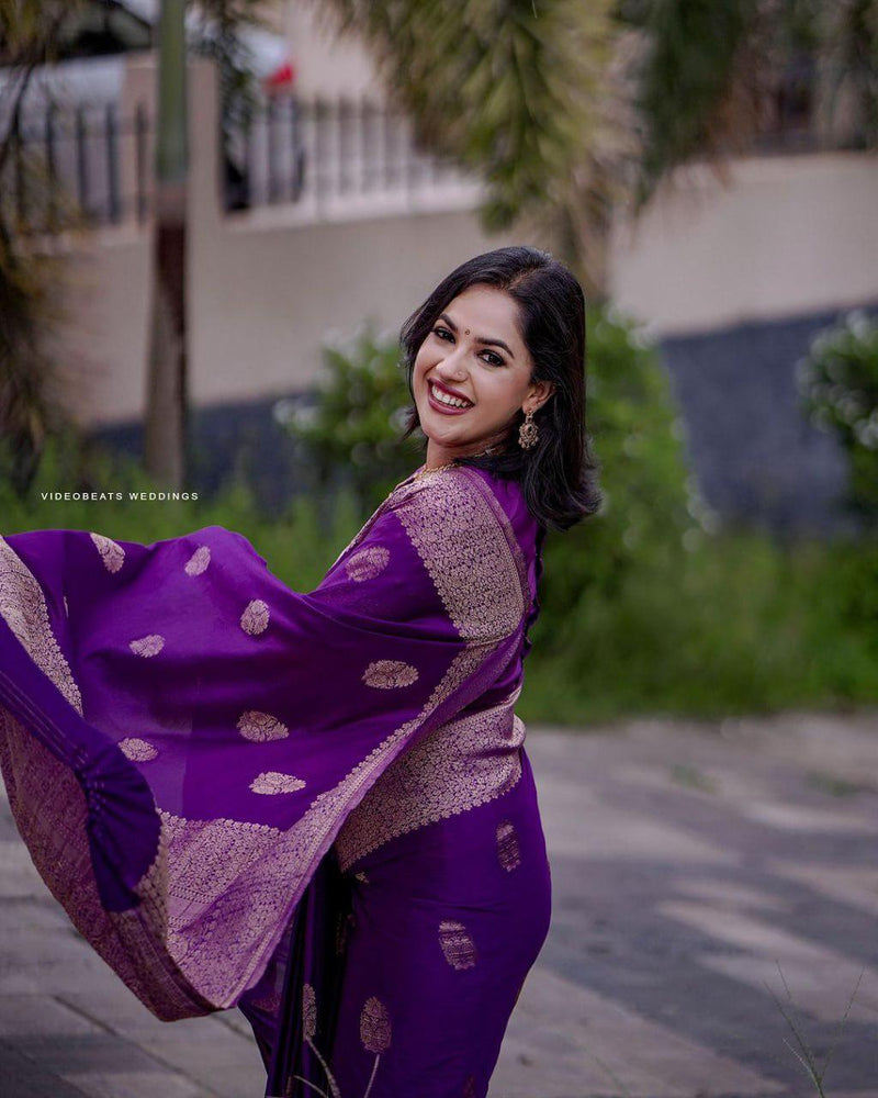 Purple Kanjivaram Silk Saree with Gold Zari Buttas