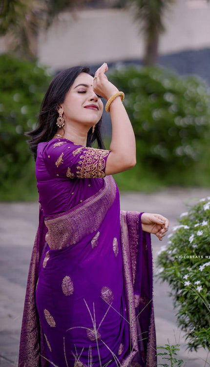 Purple Kanjivaram Silk Saree with Gold Zari Buttas