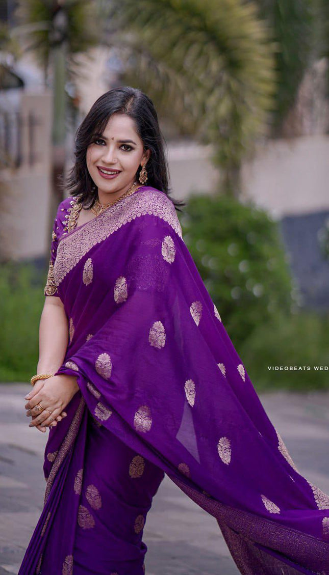Purple Kanjivaram Silk Saree with Gold Zari Buttas