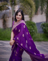 Purple Kanjivaram Silk Saree with Gold Zari Buttas