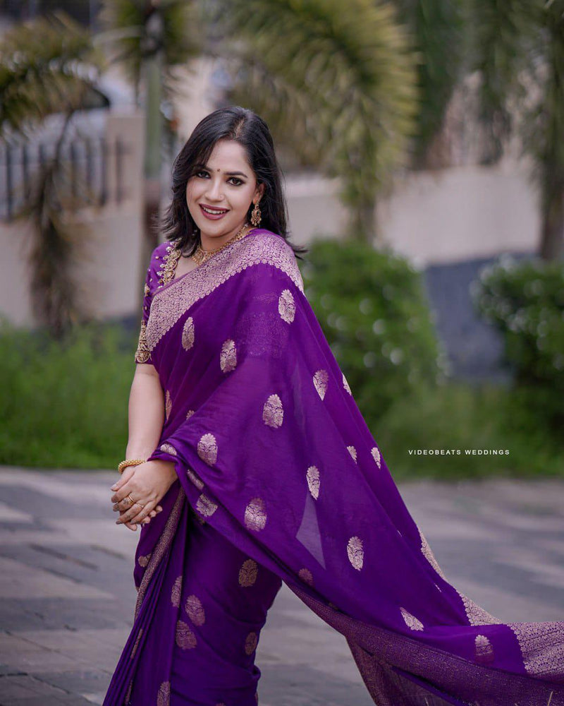Purple Kanjivaram Silk Saree with Gold Zari Buttas