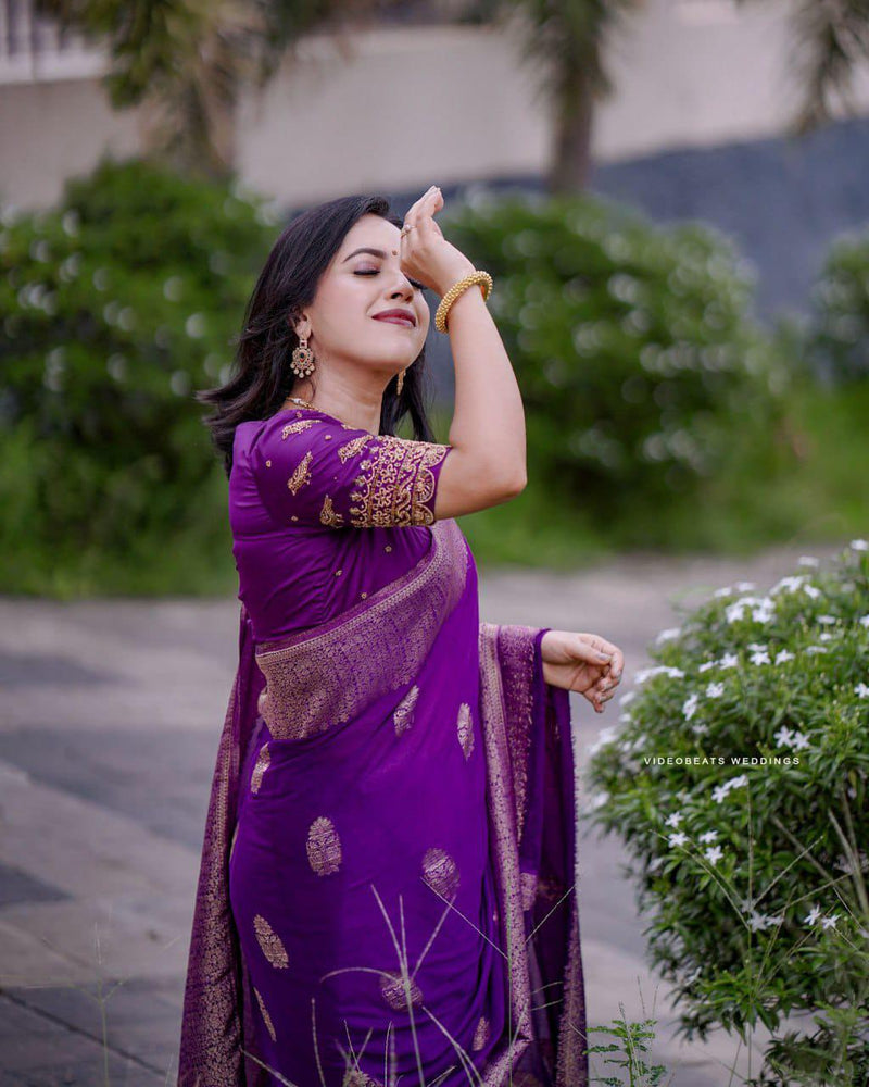 Purple Kanjivaram Silk Saree with Gold Zari Buttas