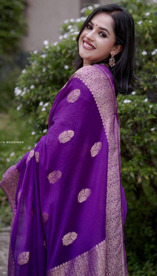 Purple Kanjivaram Silk Saree with Gold Zari Buttas