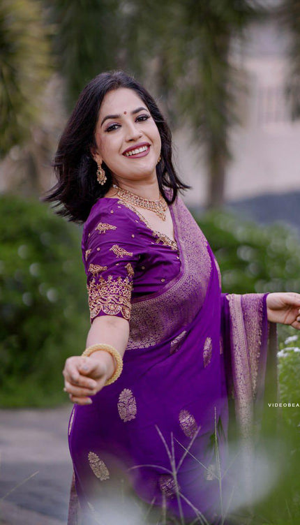 Purple Kanjivaram Silk Saree with Gold Zari Buttas