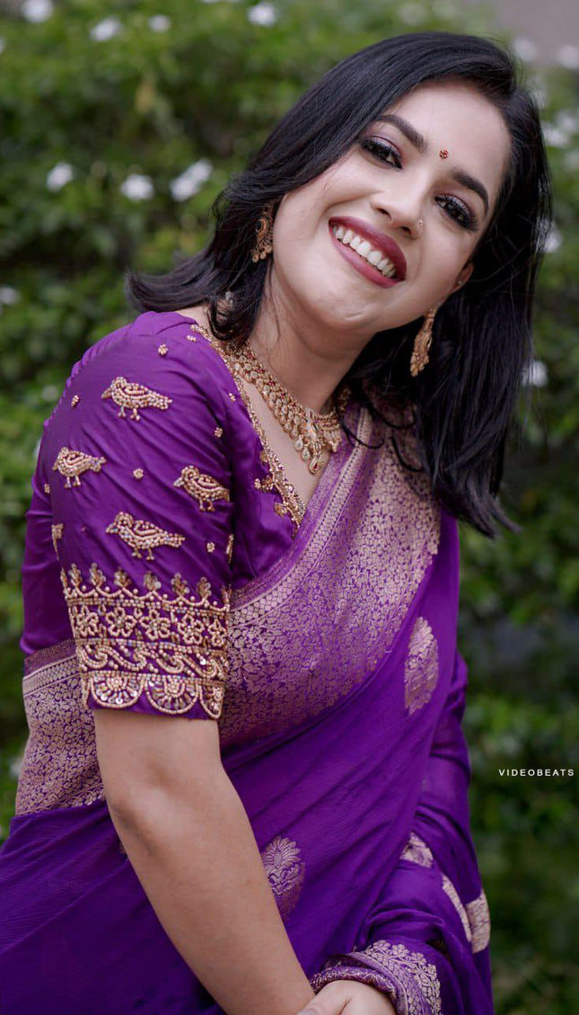 Purple Kanjivaram Silk Saree with Gold Zari Buttas