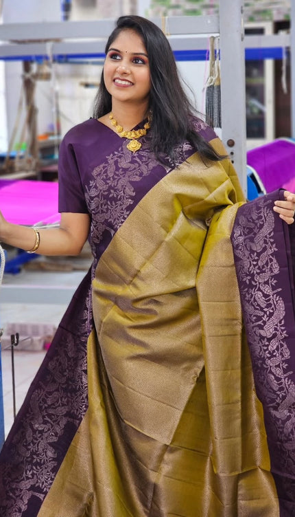Olive & Plum Handloom Kanjivaram Silk Saree with Floral Motifs