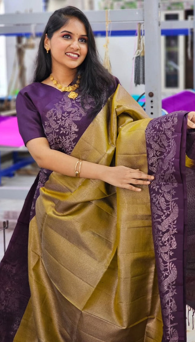 Olive & Plum Handloom Kanjivaram Silk Saree with Floral Motifs