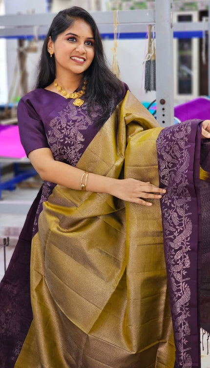 Olive & Plum Handloom Kanjivaram Silk Saree with Floral Motifs