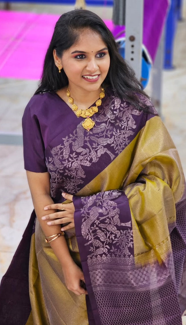Olive & Plum Handloom Kanjivaram Silk Saree with Floral Motifs