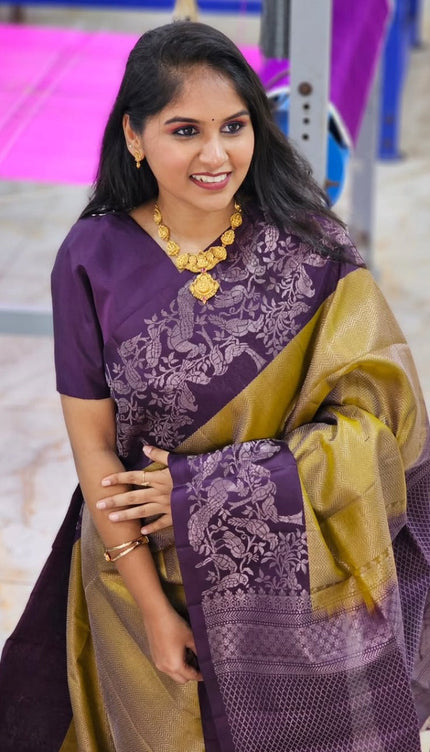 Olive & Plum Handloom Kanjivaram Silk Saree with Floral Motifs