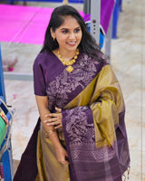 Olive & Plum Handloom Kanjivaram Silk Saree with Floral Motifs