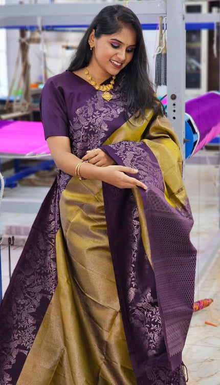 Olive & Plum Handloom Kanjivaram Silk Saree with Floral Motifs
