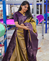 Olive & Plum Handloom Kanjivaram Silk Saree with Floral Motifs