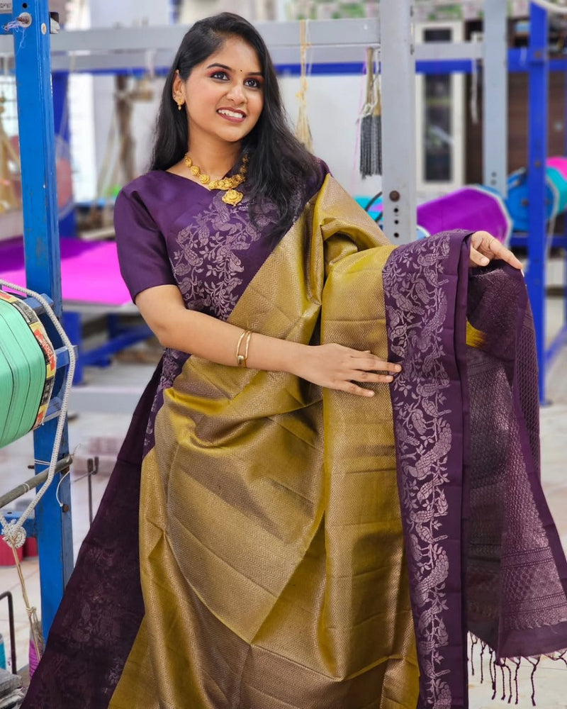 Olive & Plum Handloom Kanjivaram Silk Saree with Floral Motifs