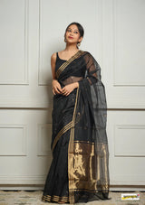 Black Handwoven Cotton Silk Saree with Zari Border