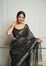 Black Handwoven Cotton Silk Saree with Zari Border