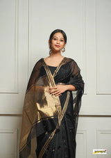 Black Handwoven Cotton Silk Saree with Zari Border