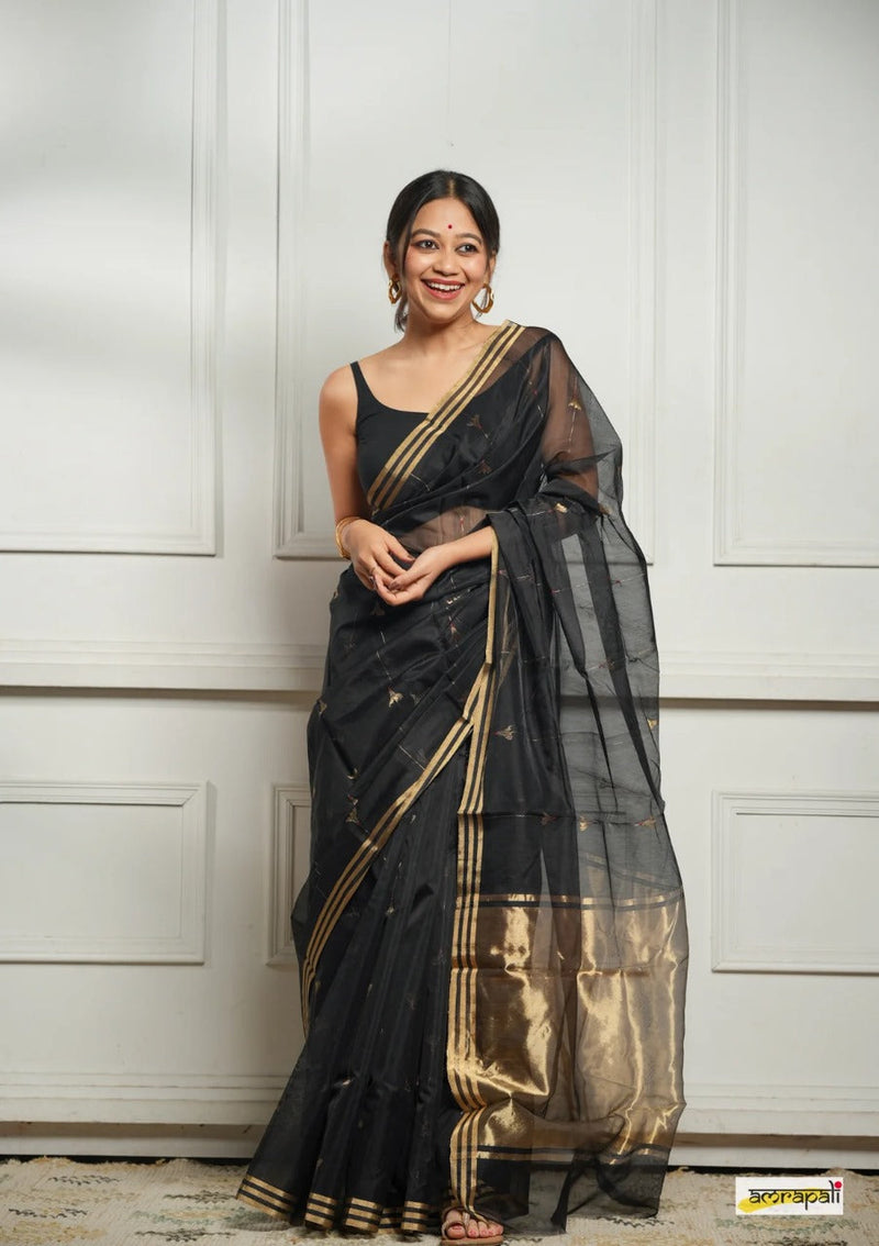 Black Handwoven Cotton Silk Saree with Zari Border