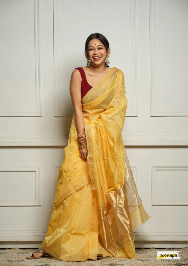 Lemon Yellow Handwoven Cotton Silk Saree with Zari Border