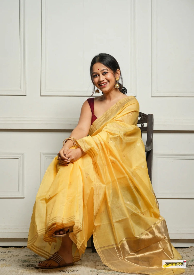 Lemon Yellow Handwoven Cotton Silk Saree with Zari Border
