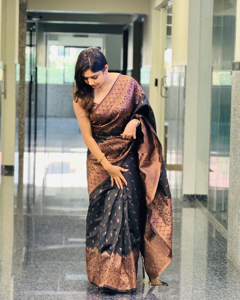 Black & Coffee Brown Banarasi Saree with Antique Zari Weave