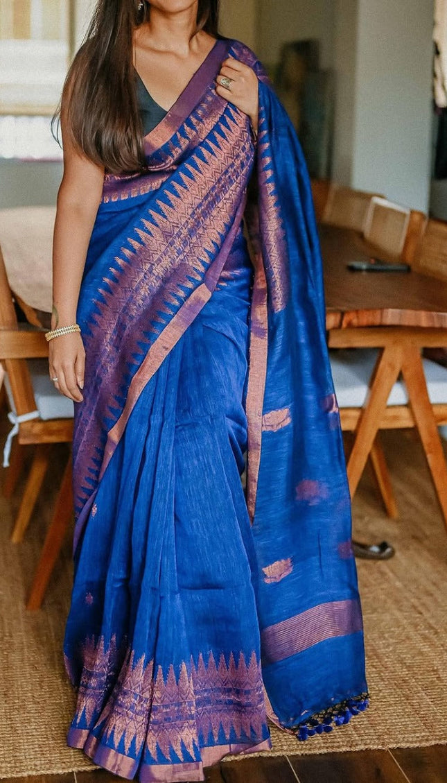Royal Blue Raw Silk Saree with Copper Zari Border